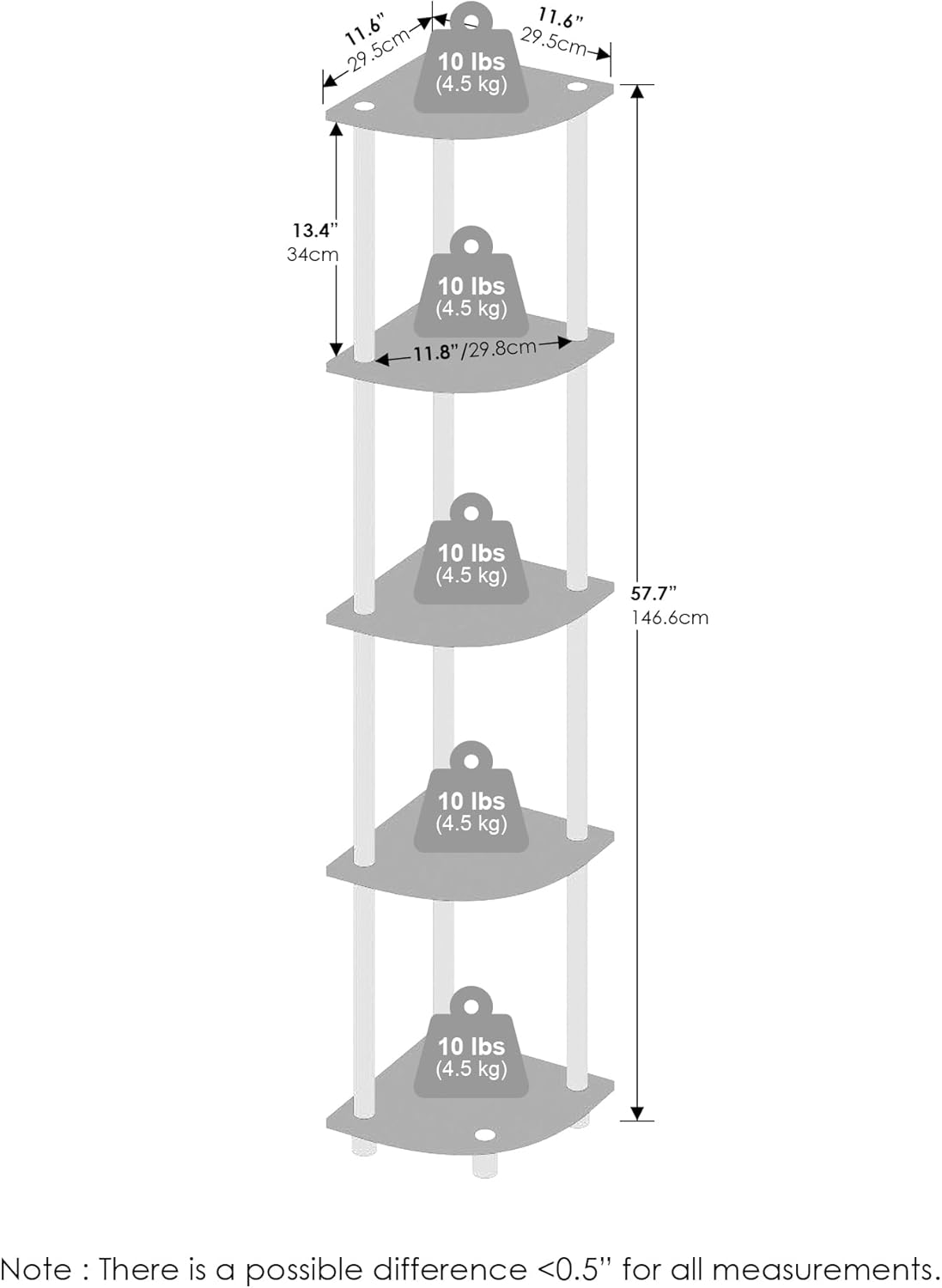 Furinno Turn-N-Tube Corner Shelf, 5-Tier Corner Display Rack, Shelving Unit, for Organization and Storage, Living Room, Home Office, Garage, Bedroom, Dark Walnut