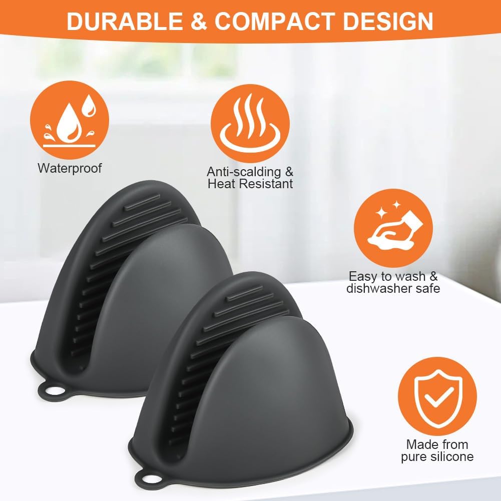 AUAUY 1 Pair Mini Silicone Oven Mitts, Heat Resistant Pot Holders Mitts, Cute Oven Pinch Grip Gloves, Small Potholders for Kitchen, Air Fryer Mitts Pair for Cooking, Baking and Grilling (Grey)
