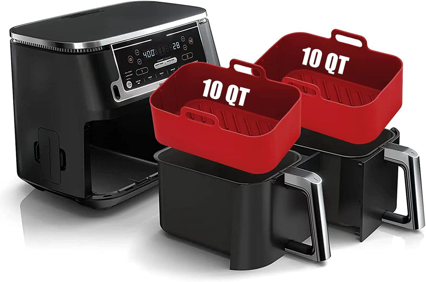 Air Fryer Silicone Liners 10 Quart for Ninja DZ550GY DZ550/DZ401/DZ302 Foodi DualZone XL 2-Basket,MMH 2PCs Reusable Rectangle Baking Tray Replacement Accessories for Ninja/Cosori 9-10QT Airfryer,Red