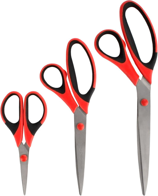 BambooMN Titanium Softgrip Scissors Set for Sewing, Arts, Crafts, Office - 1 set of 3 - Red w/Black Inlays