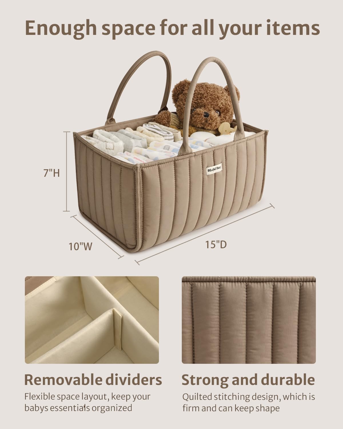 Blissful Diary Baby Diaper Caddy Organizer, Stylish Storage Basket for Newborn Essentials and Diaper Station, Gift for Baby Shower and Registry Must-Have, Mocha Brown