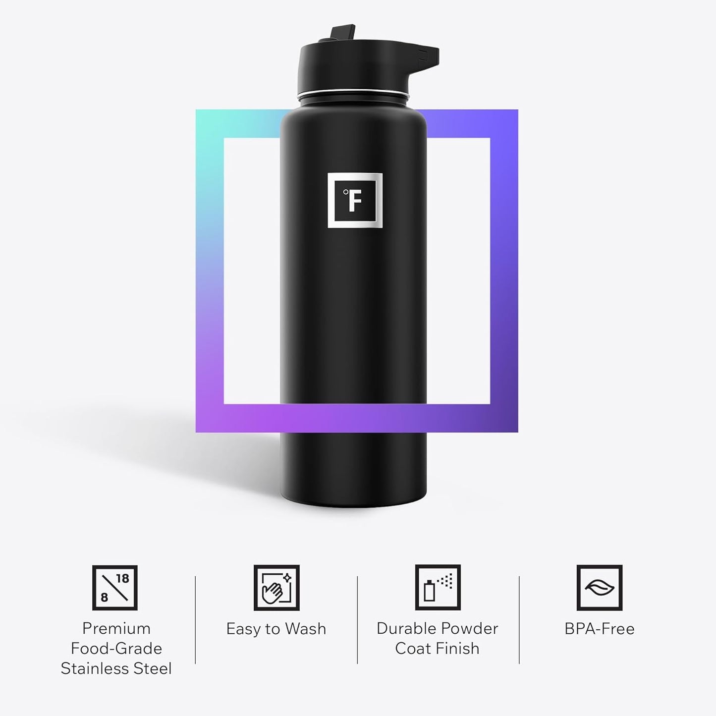 IRON °FLASK Camping & Hiking Hydration Flask with Straw, Wide Mouth Insulated Stainless Steel Sports Water Bottle - 40 oz Black Marquina