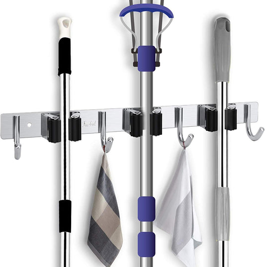 Broom Mop Holder Wall Mount,Favbal Garage Organization Tool Organizer Storage Broom Closet Kitchen Organization Heavy Duty Garage Tools Hanger with 3 Racks 4 Hooks for Home Kitchen Garden Laundry Room