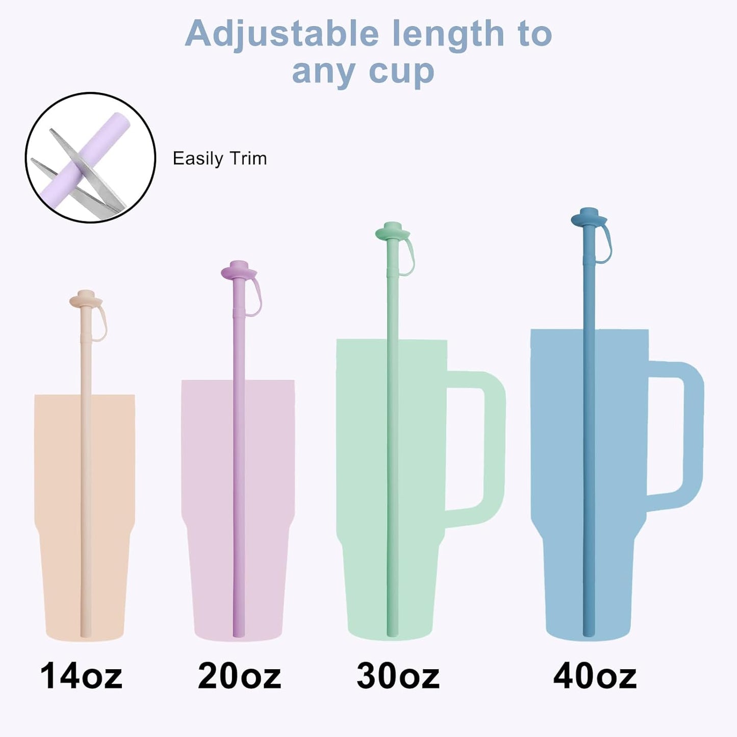 4 PCS Reusable 12 inch Long Silicone Straws with Cowboy Straws Cover Cap for Stanley Cup 40 oz 30 oz 20 oz, Stanley Tumbler Accessorie (White,Green,Purple,Blue)