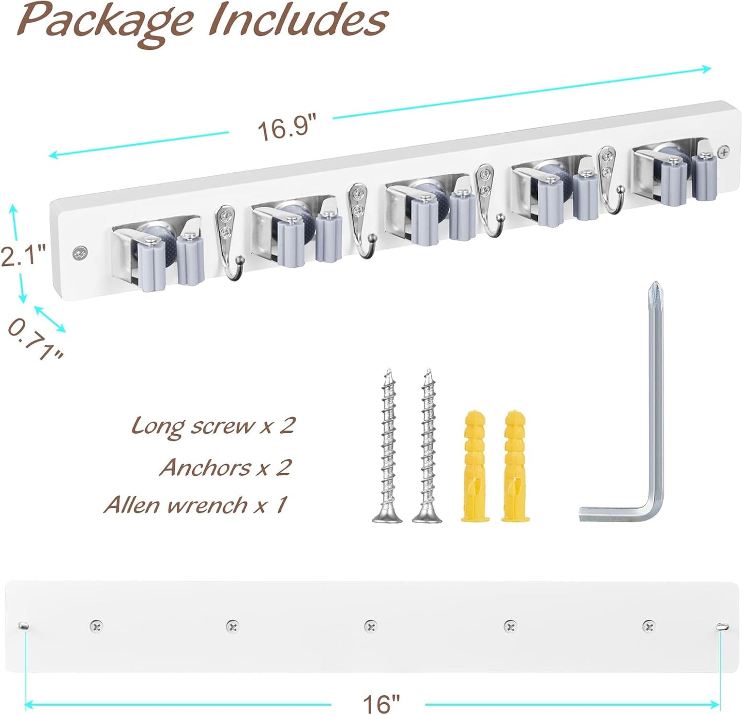 Mop and Broom Holder Wall Mount - White Broom Mop Hanger - Wall Mounted Garden Tool Rack Organizer for Closet Garage Laundry Room Kitchen Decor With 5 Slots & 4 Hooks