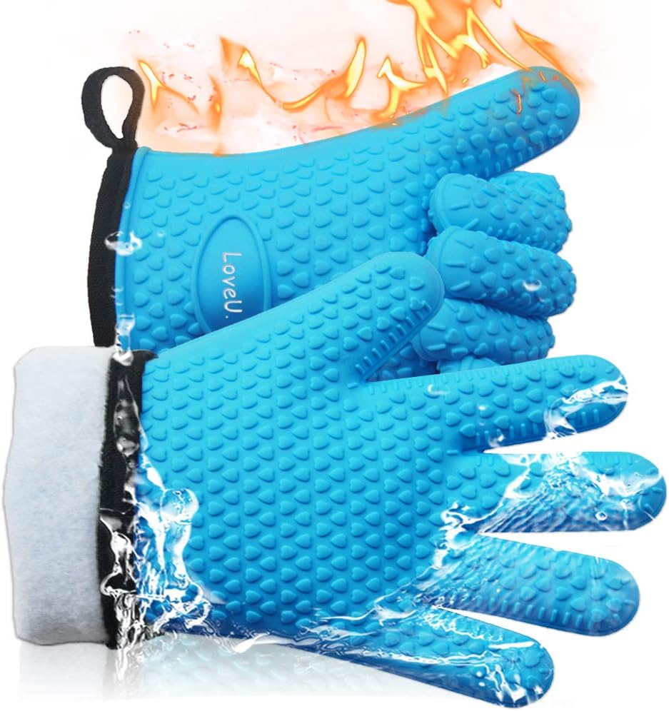 Kitchen Oven Gloves - Dual-Layer Heat Resistant Grilling Gloves, Silicone Oven Mitts with 5 Fingers, Waterproof Non-Slip Pot Holder for Barbecue, Cooking, Baking (Small, Blue)