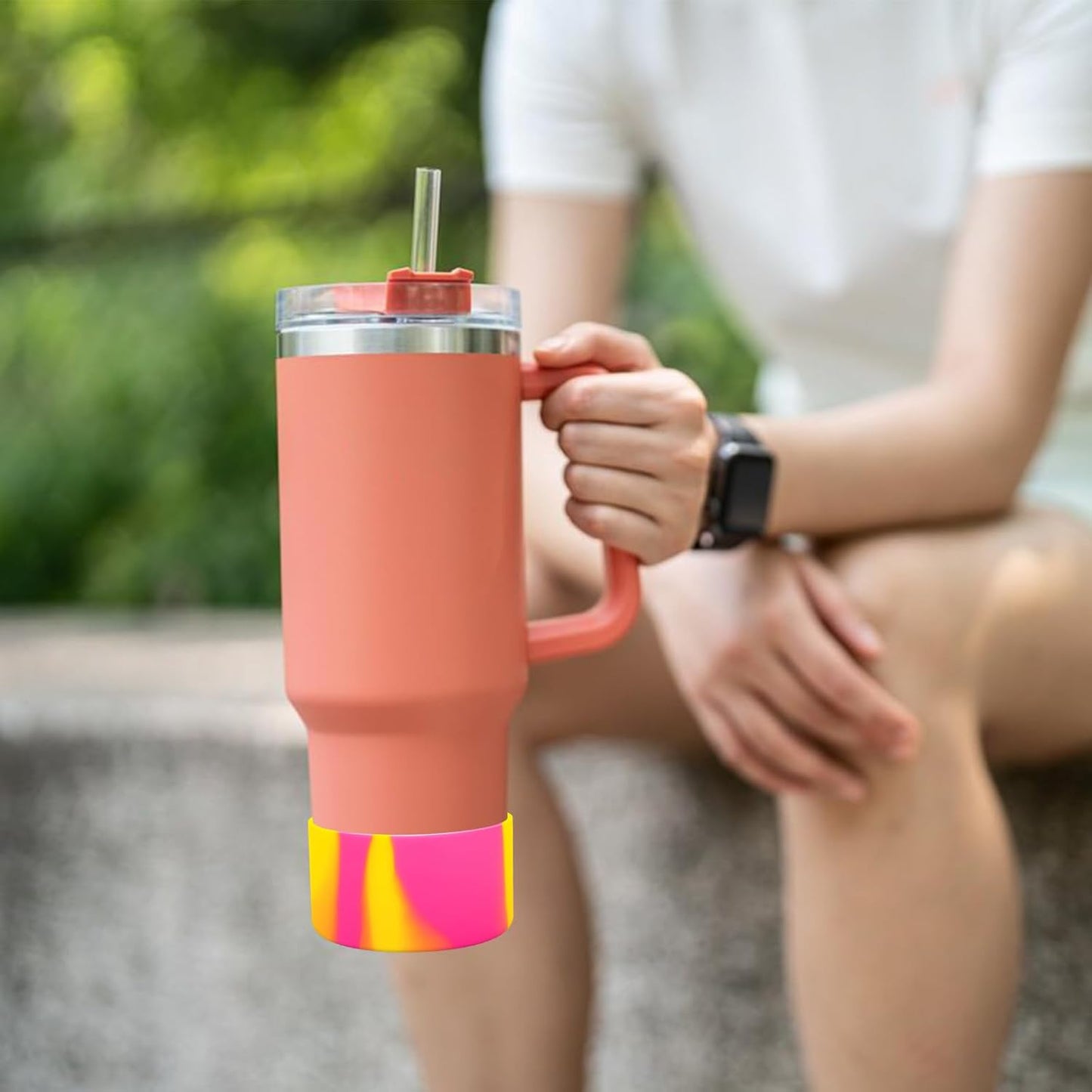 Upgrade 2PCS Protective Silicone Boot Bumper for Stanley Quencher Adventure 40oz 30oz IceFlow 20oz 30oz Tumbler, Water Bottle Bottom Sleeve Cover Accessories for Stanley Mug Cup(Orange+Pink)