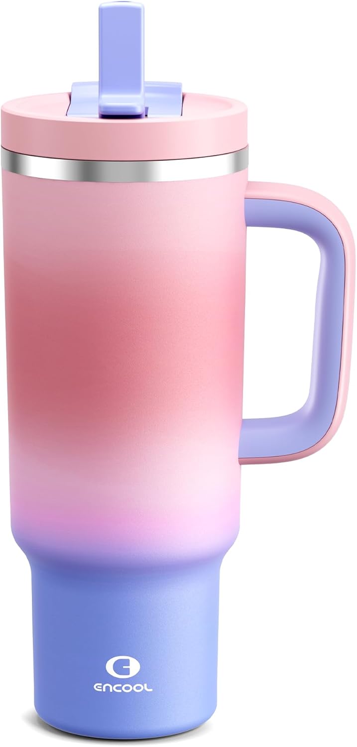 40 oz Tumbler with Handle and Straw: Stainless Steel Insulated Tumbler Keeps Cold for 24 Hours, Leakproof Travel Cup Fits in Cup Holder and BPA-Free, Evening Glow