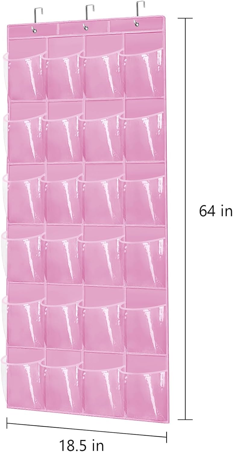 Over The Door Shoe Organizer - Space Saving Shoe Rack for Closet Door with 24 Pockets and Hook, Shoe Holder Back of Door Organizers for Shoes, Hanging Shoe Organizer (Pink)