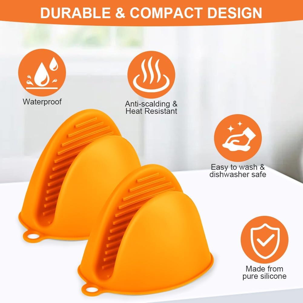 AUAUY 1 Pair Mini Silicone Oven Mitts, Heat Resistant Pot Holders Mitts, Cute Oven Pinch Grip Gloves, Small Potholders for Kitchen, Air Fryer Mitts Pair for Cooking, Baking and Grilling (Orange)