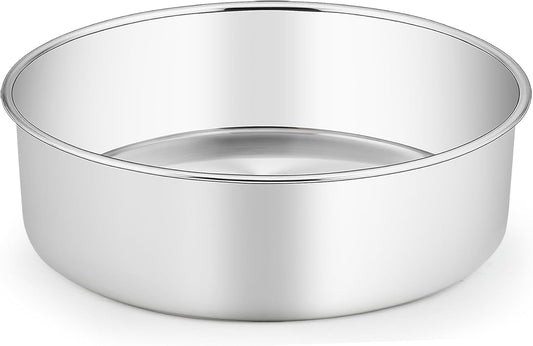 TeamFar Round Cake Pan, 8’’ x 3’’ Stainless Steel Deep Baking Roasting Cake Pan for Birthday Party Wedding, Non-Toxic & Heavy Duty, Deep & Straight Wall, Mirror Finish & Dishwasher Safe