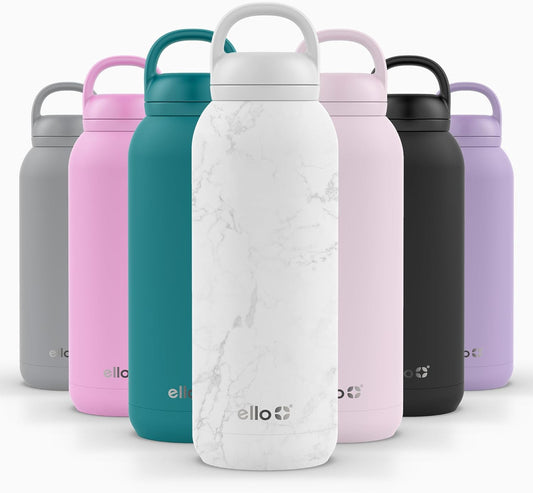 Ello Cooper Twist 40oz Stainless Steel Water Bottle with Chug Lid | Leak Proof | Double Walled and Vacuum Insulated | Built in Carry Loop | Dishwasher Safe | White Marble