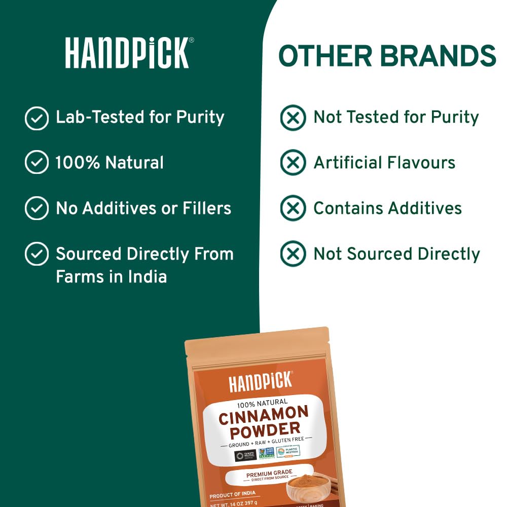 HANDPICK, Cinnamon Powder (397g/14oz) Non GMO, Gluten Free, 100% Raw, Sourced from South India, For Cooking, Smoothies, Lattes, Tea, Packed in Resealable Ziplock Pouch