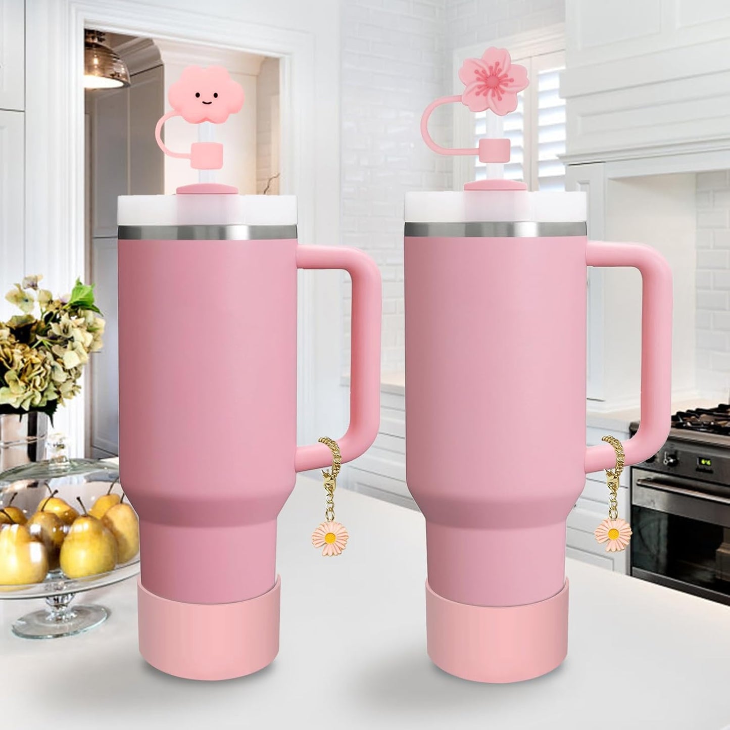 Stanley Cup Accessories Set,Including 2 Pcs 0.4in Straw Cover, 1 Silicone Spill-Proof Stopper Set of 3, 1 Cute Flowers Handle Charm, 1 Silicone Boot Fits Stanley 40&30 Oz Tumbler (Pink 2.0)