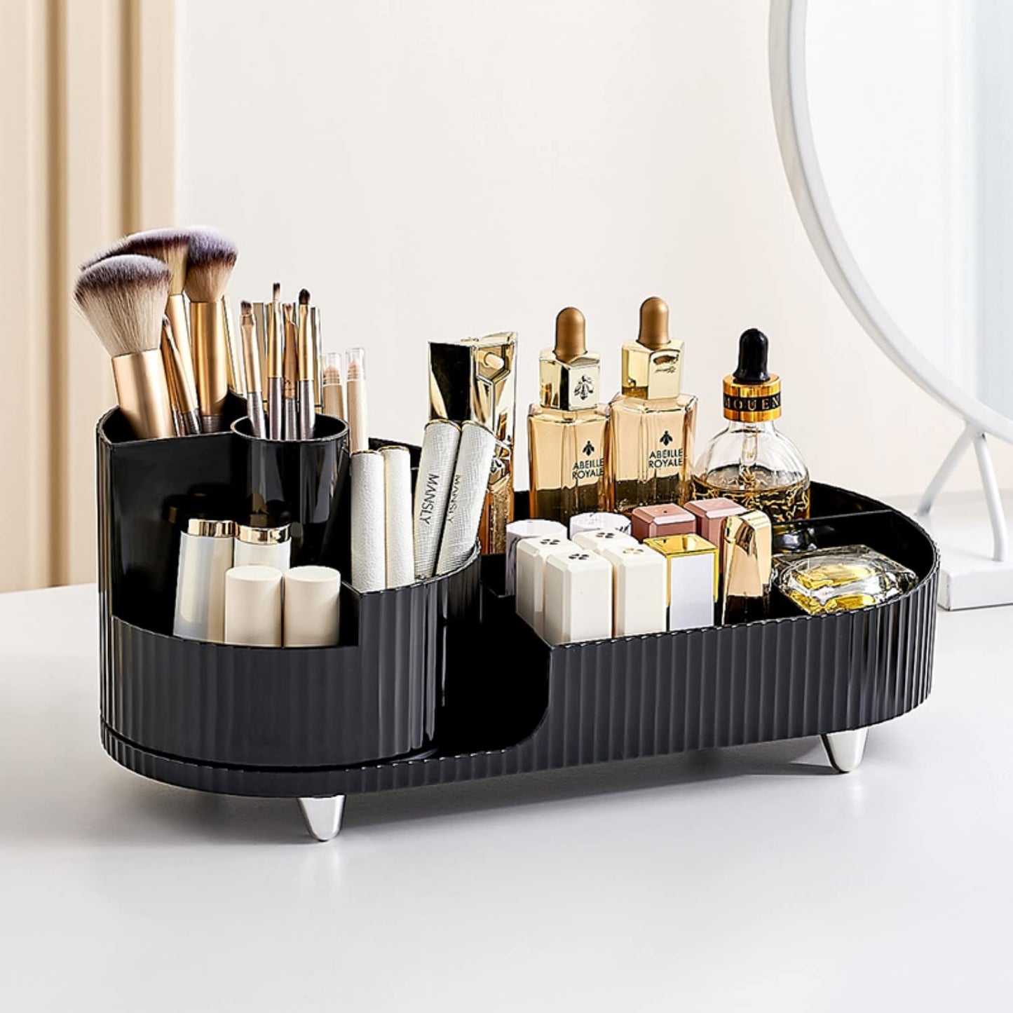 Rotating makeup organizer,Large Capacity Cosmetic Display Case, easy to hold all of your makeup products, at least 20 makeup brushes/eyeliner,10 lipsticks,8 skincare products(Black)