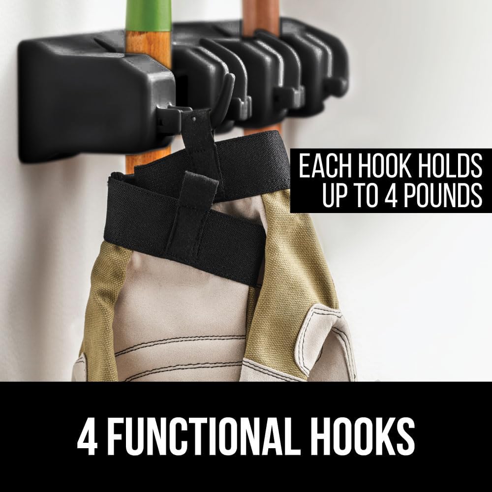 GORILLA GRIP Wall Mount Hook Fixture, Also Includes Slots to Hold Mop, Broom, Tools, Easy Install, Organize Cleaners, Tools, Home, Kitchen, Garage, 4 Hooks 3 Slots, Black