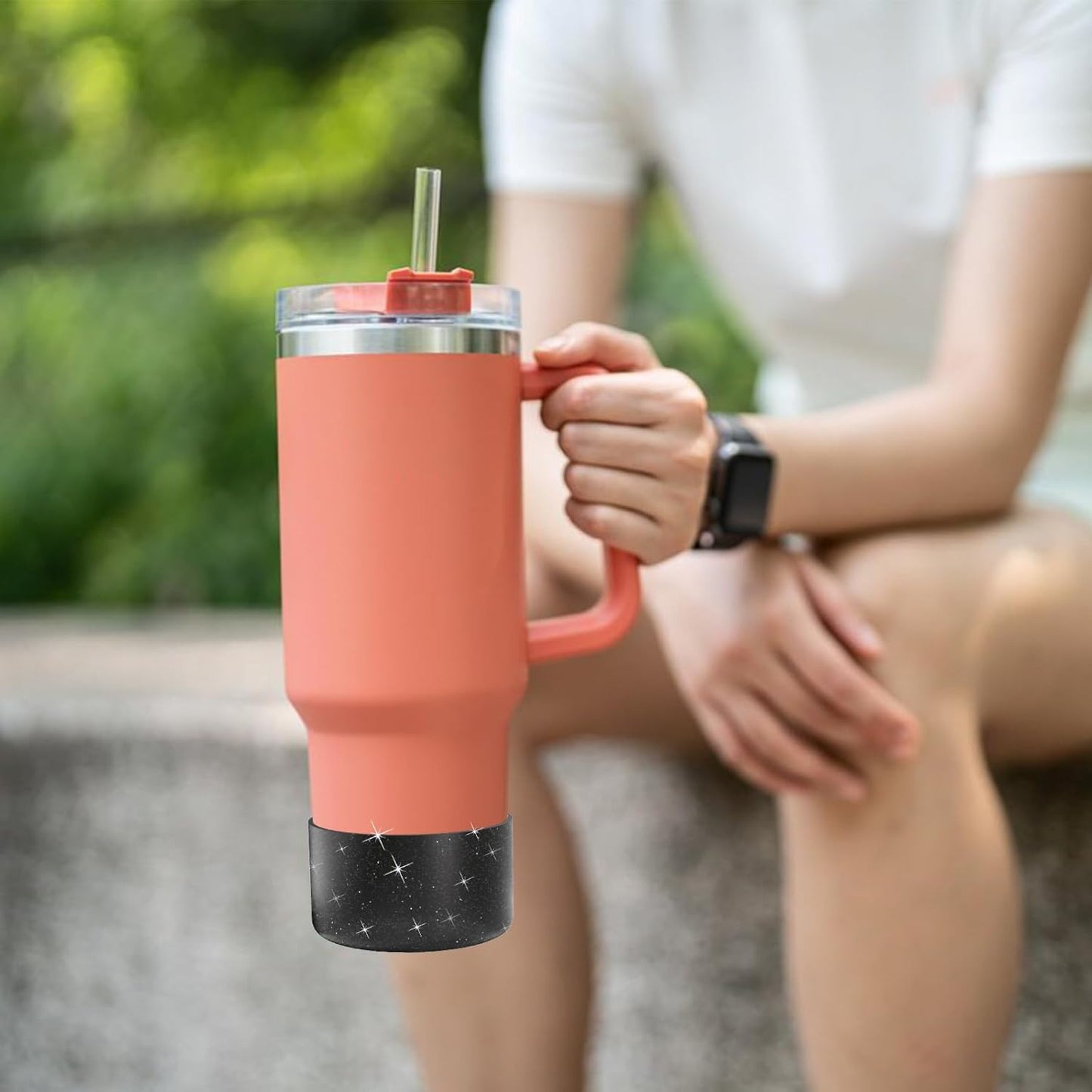 Upgrade 2PCS Protective Silicone Boot Bumper for Stanley Quencher Adventure 40oz 30oz IceFlow 20oz 30oz Tumbler, Water Bottle Bottom Sleeve Cover Accessories for Stanley Mug Cup(Glitter Black)