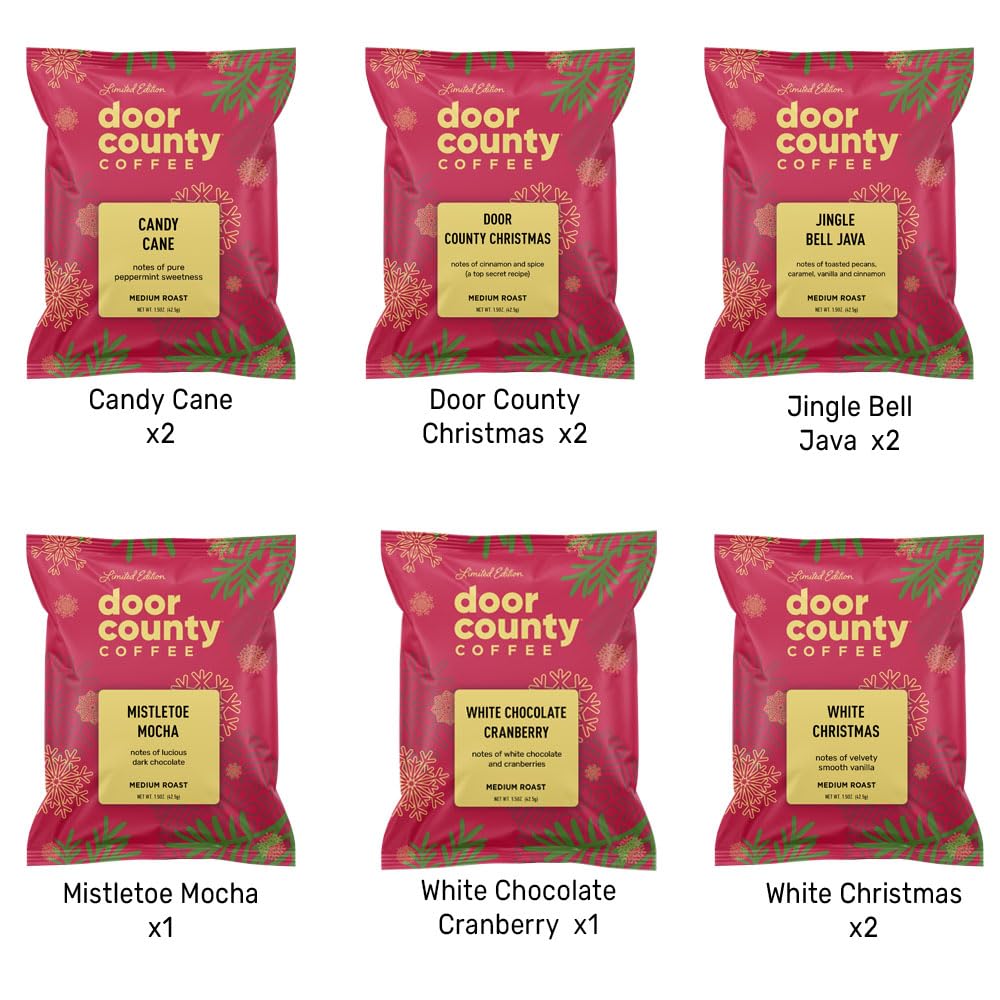 Gourmet Flavored Holiday Coffee Sampler Pack - 10 Bags of Unique Flavored Coffees – 100% Specialty Grade 1 Arabica -1.5 oz Full-Pot Bags - Roasted by Door County Coffee