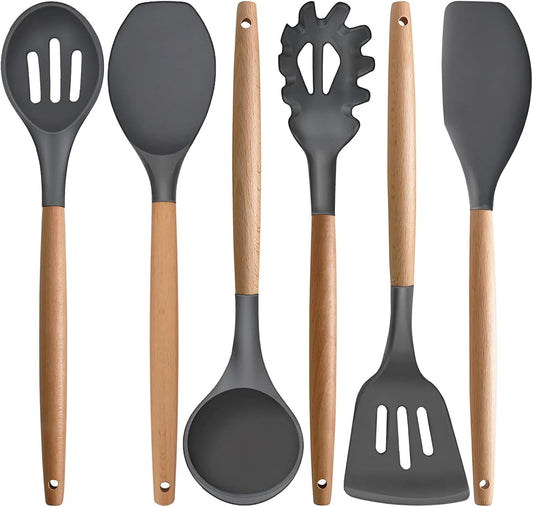 Kitchen Cooking Utensils Set, 6Pcs Silicone Kitchen Utensils Set Spatula Spoon Soup Ladle Turner, Heat Resistant Wooden Handle Silicone Cooking Gadgets for Nonstick Cookware & Baking BPA FREE