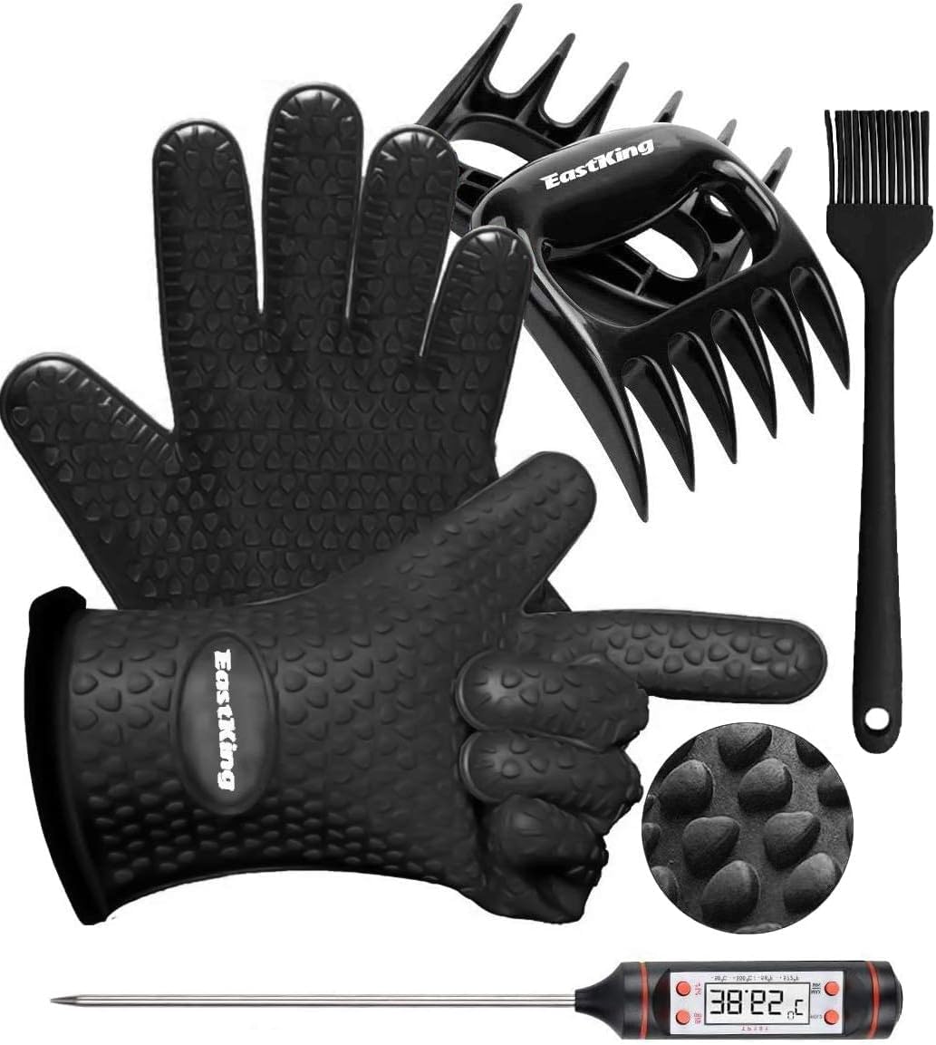 EastKing Smoker Accessories Set-Grilling Oven Gloves,BBQ Claws,Meat Thermometer and Silicone Brush BBQ Set for Cooking Barbecue Baking (Black)