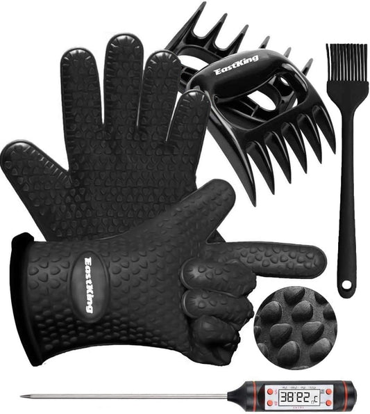 EastKing Smoker Accessories Set-Grilling Oven Gloves,BBQ Claws,Meat Thermometer and Silicone Brush BBQ Set for Cooking Barbecue Baking (Black)