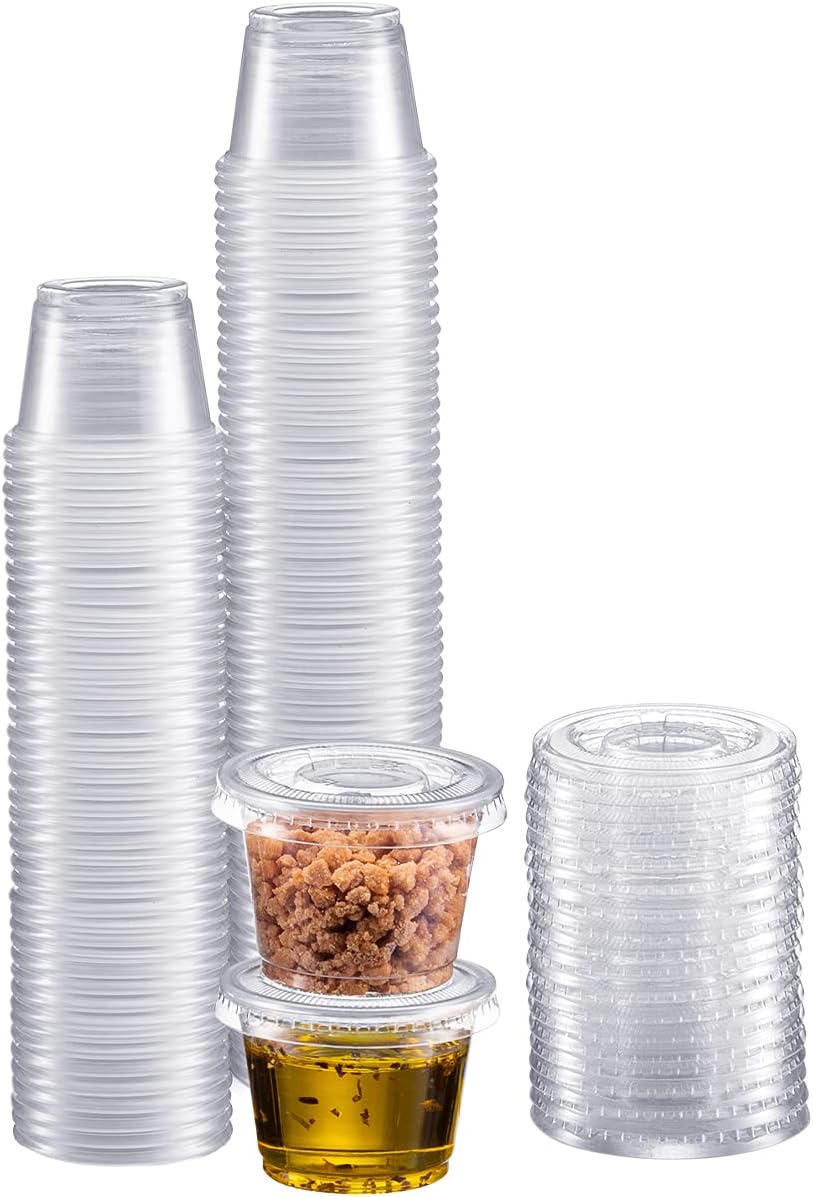 Portion Cups with Lids (1 Ounces, 100 Pack) | Disposable Plastic Cups for Meal Prep, Portion Control, Salad Dressing, & Medicine | Small Plastic Condiment Container