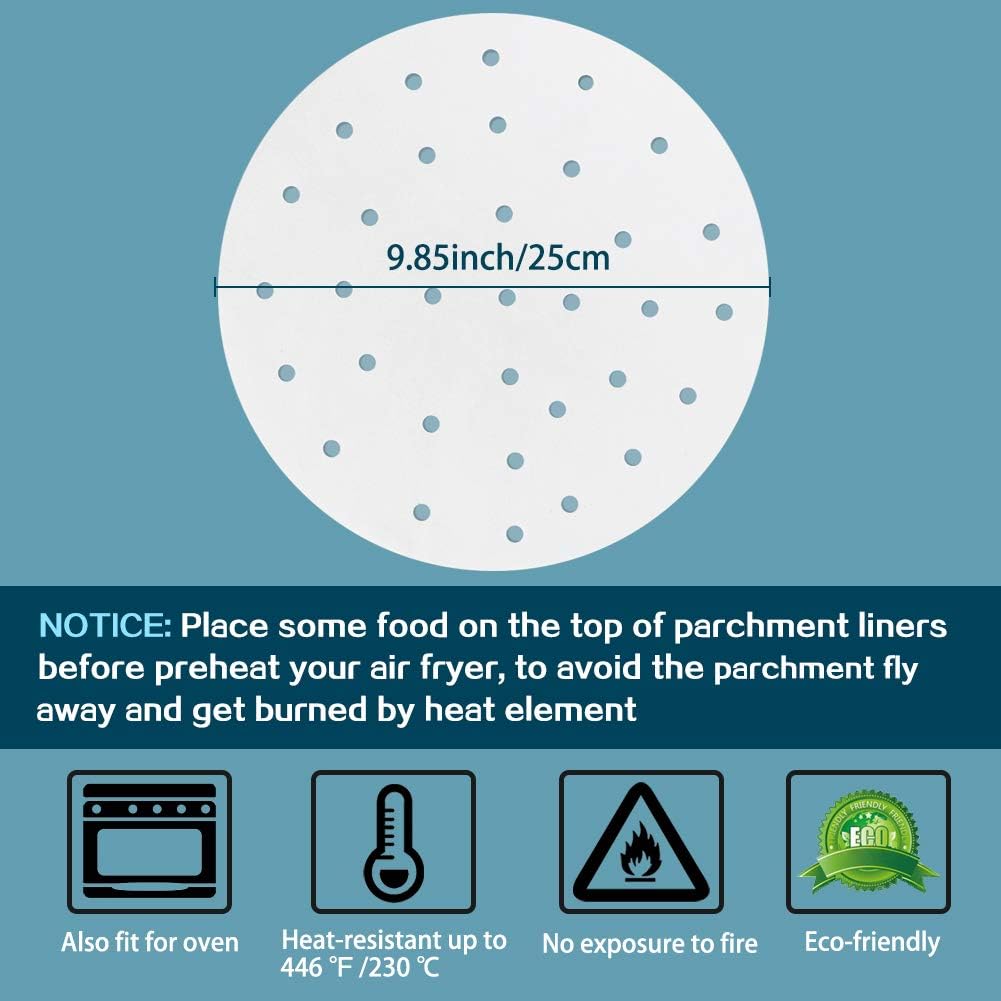 10 Inch Air Fryer Liners, Set of 200, Bamboo Steamer Liners/Dumpling Steamer Paper/Perforated Air Fryer Parchment Paper Sheet for Airfryer, Steaming Basket and More