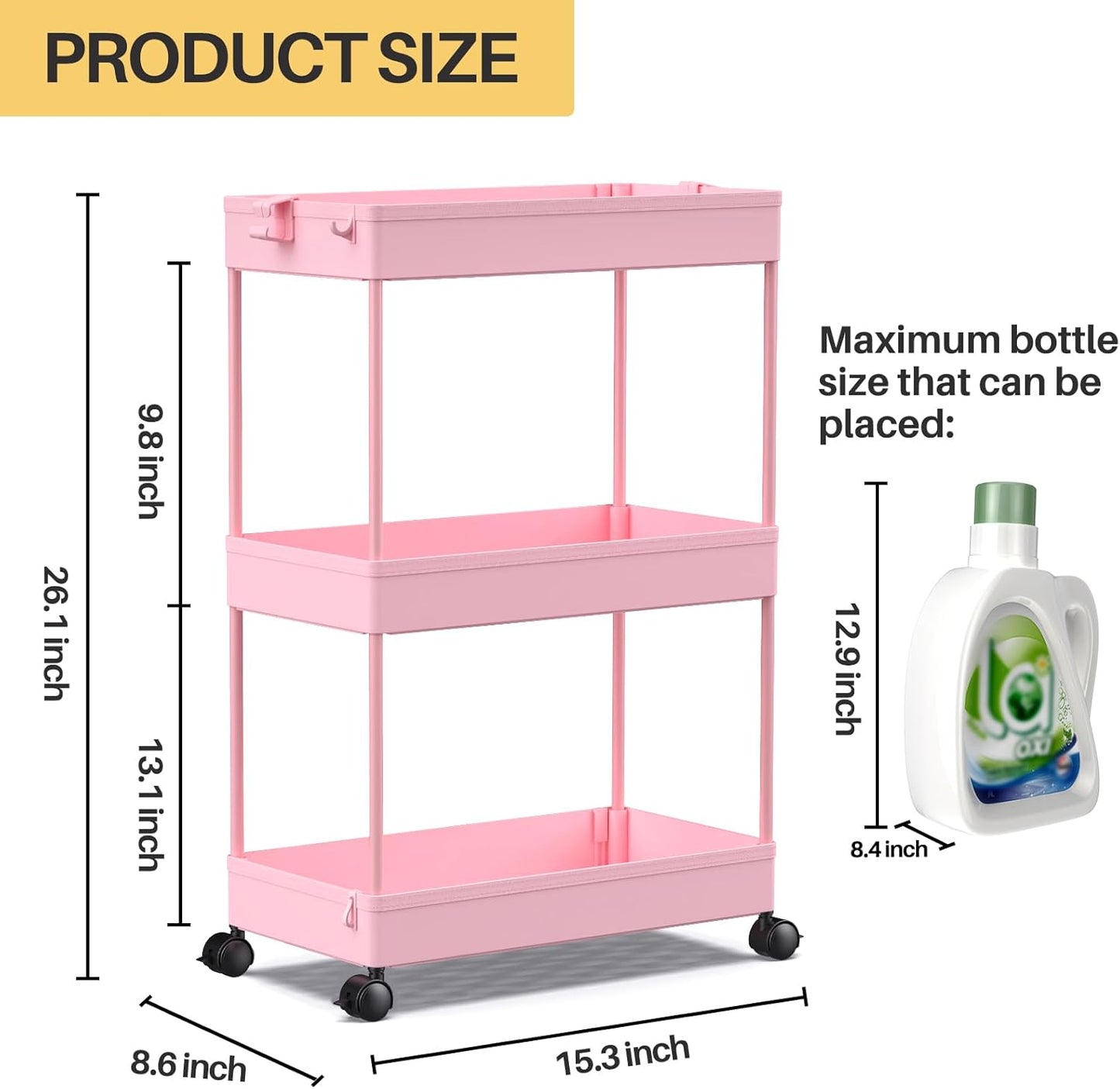 SPACEKEEPER Rolling Storage Cart 3 Tier, Bathroom Cart Organizer Laundry Room Organizer Utility Cart Mobile Shelving Unit Multi-Functional Shelves for Office, Kitchen, Bathroom, Pink