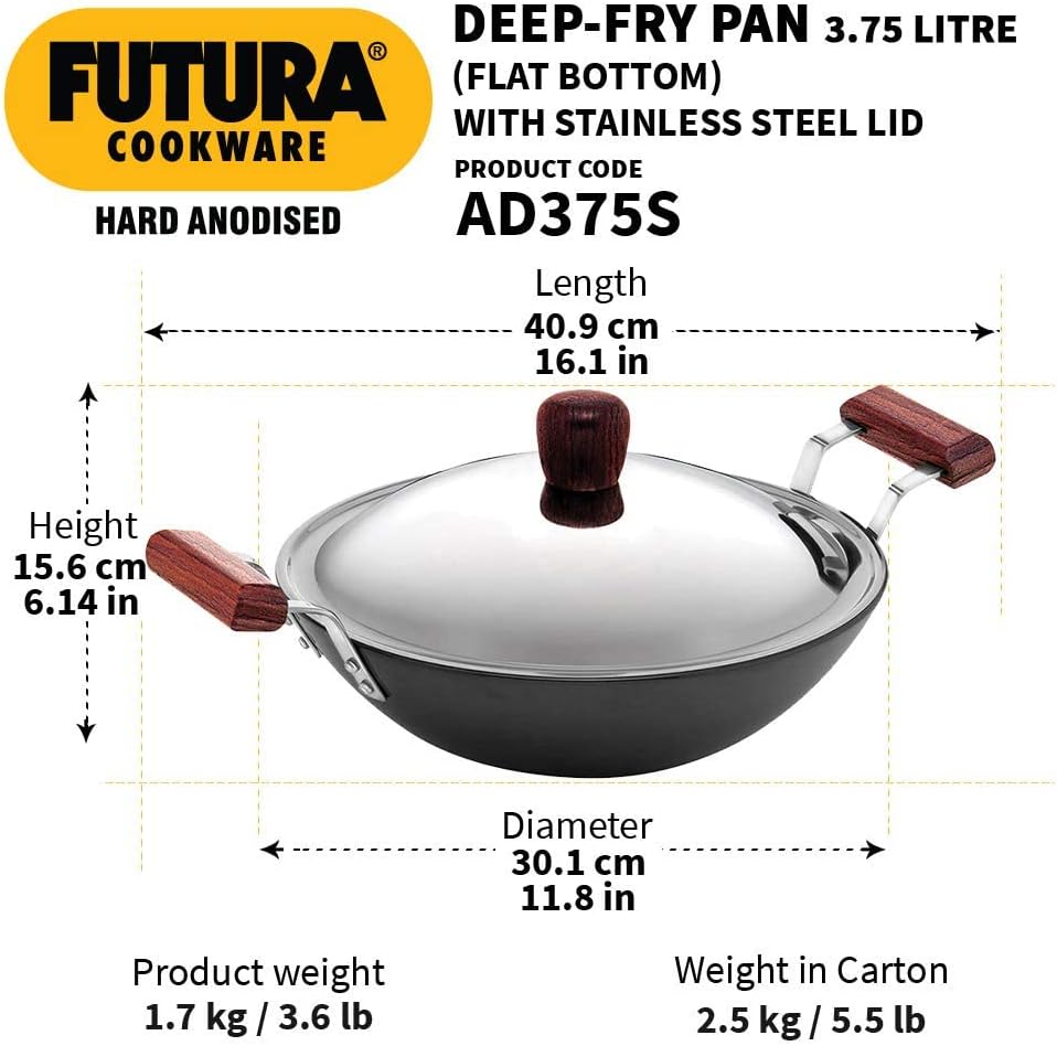 Hawkins Futura 3.75 Litre Deep Fry Pan, Hard Anodised Kadai with Stainless Steel Lid, Flat Bottom Kadhai, Black (AD375S)