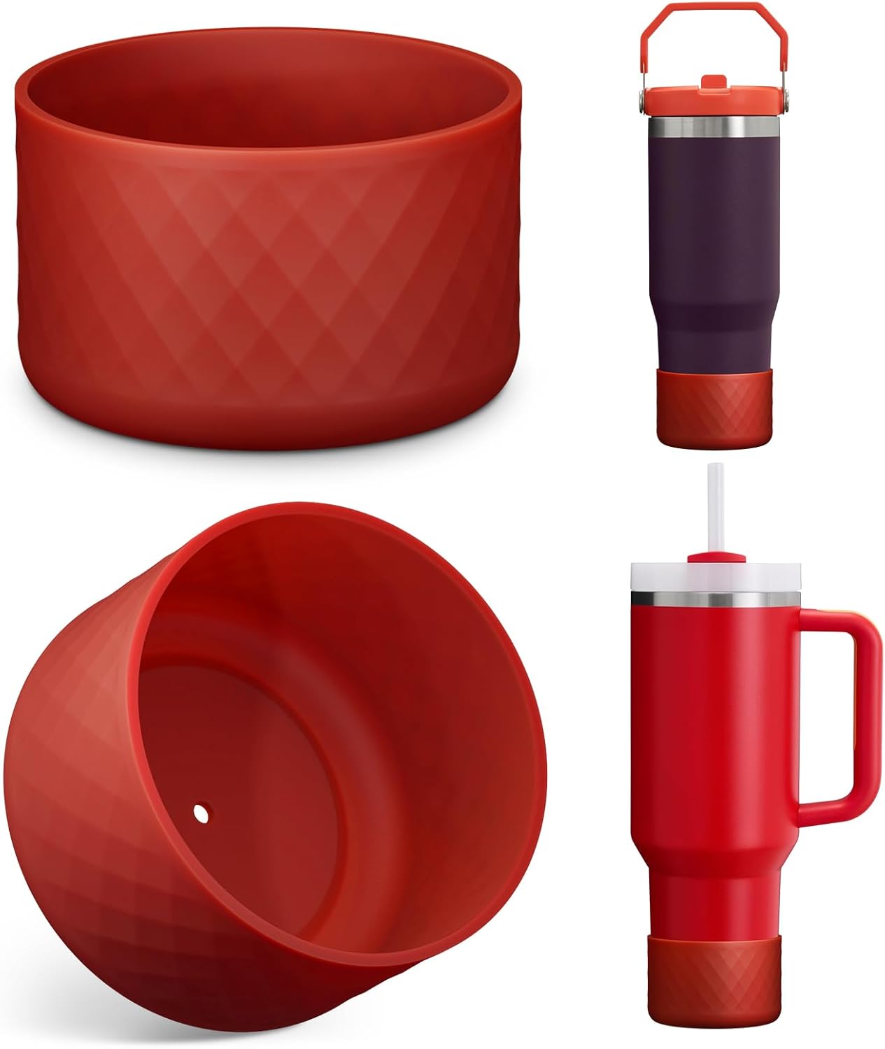 Upgrade 2PCS Protective Silicone Boot Bumper for Stanley Quencher Adventure 40oz 30oz IceFlow 20oz 30oz Tumbler, Water Bottle Bottom Sleeve Cover Accessories for Stanley Mug Cup(Dark Red)