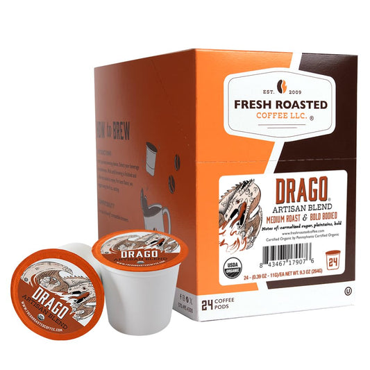 Fresh Roasted Coffee, Organic Drago Café Blend | USDA Organic, Kosher | Medium Roast 24 Pods for K Cup Brewers