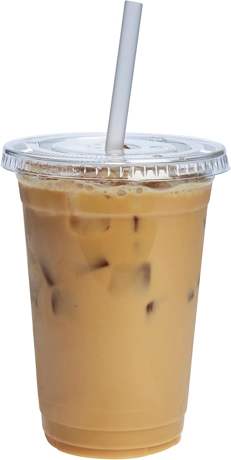 GUSTO Clear Plastic Cups with Flat Lids [20 oz - 50 Count] - Disposable Iced Coffee Cups with Lids - PET Plastic Cold Cups for Smoothies, Juices & To-Go Drinks - Formerly Comfy Package