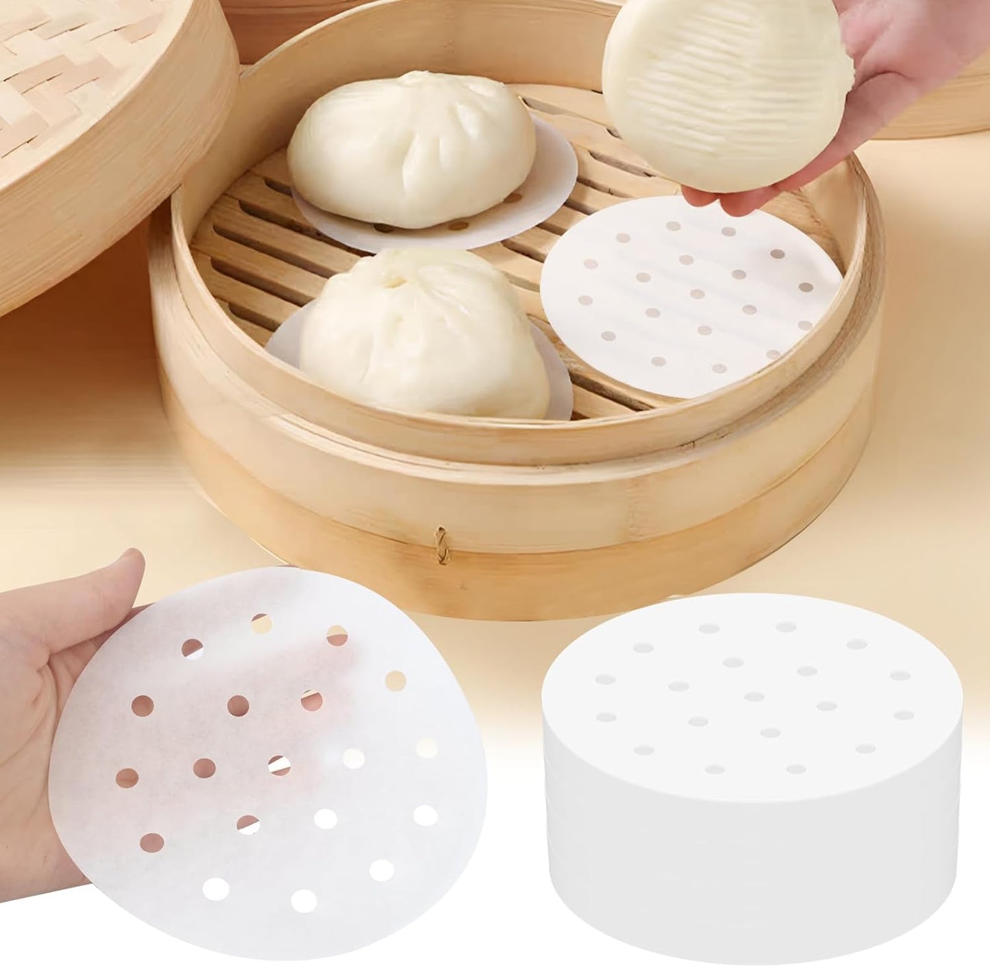 400pcs Air Fryer Liners, 4 inches Bamboo Steamer Liners, Premium Perforated Parchment Steaming Papers, Non-stick Steamer Mat Liner for Air Fryers Baking Cooking Oven