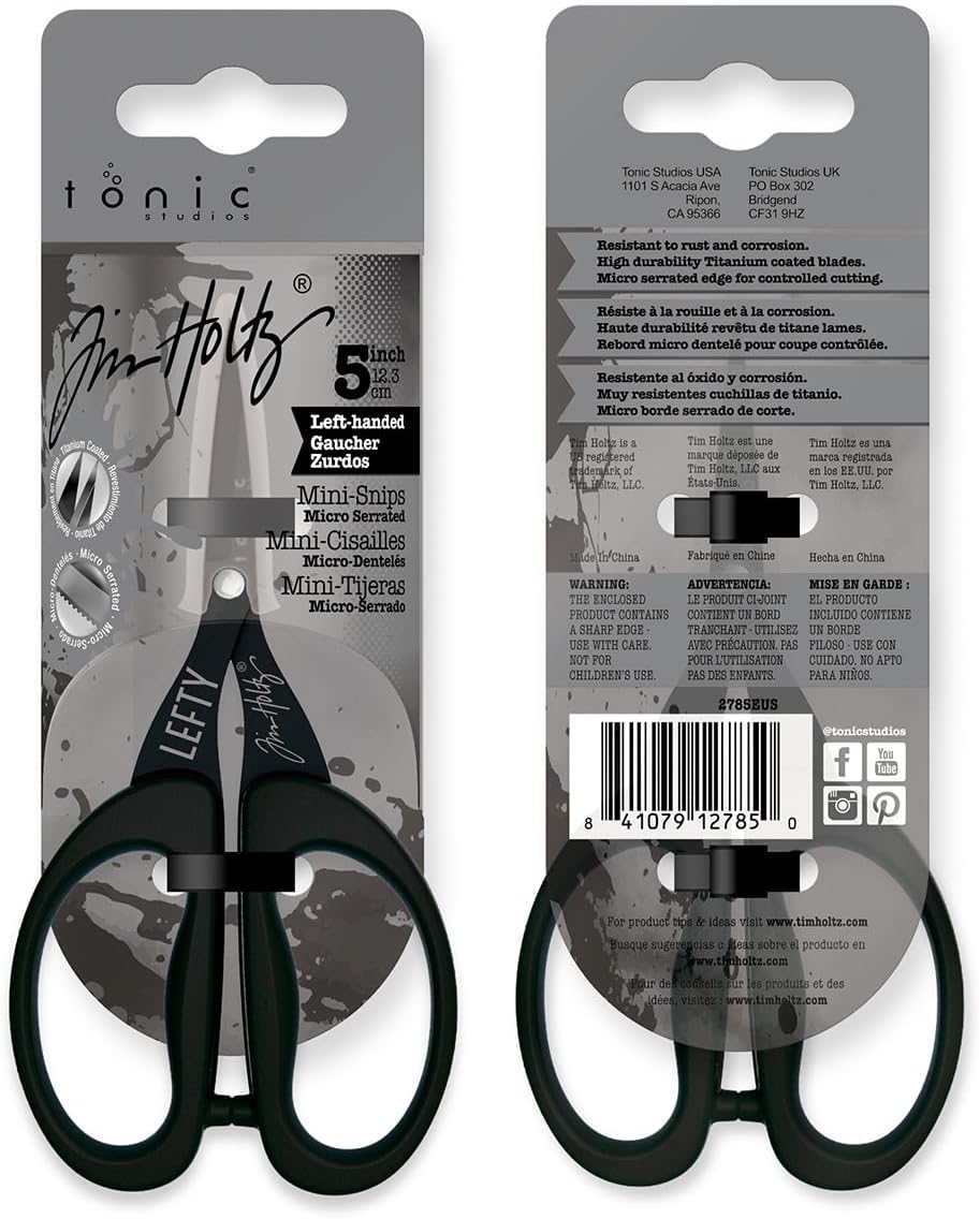 Tim Holtz Left Handed Scissors - 5 Inch Mini Snips with Micro Serrated Blade - Lefty Craft Tool for Cutting Paper, Fabric, and Sewing - Titanium with Black Comfort Grip Handles
