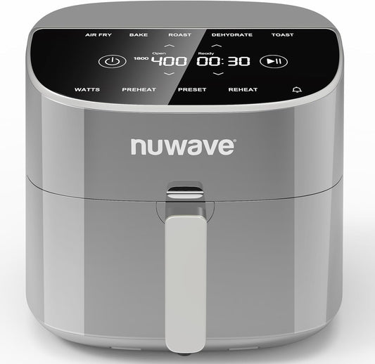 Nuwave Brio Plus 8 Qt Air Fryer, PFAS Free, New & Improved, Digital Touch Screen, Cool White Display, 50°F~400°F in Precise 5°, 5 Cook Functions, 100 Presets & 50 Memory, 3 Wattages 700, 1500, 1800