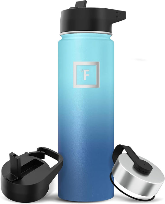 IRON °FLASK Camping & Hiking Hydration Flask with Straw, Wide Mouth Insulated Stainless Steel Sports Water Bottle - 22 oz Blue Waves