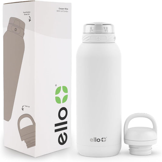 Ello Cooper 40oz Stainless Steel Water Bottle with 2 Lids Chug and Straw | Leak Proof | Double Walled and Vacuum Insulated | Built in Carry Loop | Dishwasher Safe | White