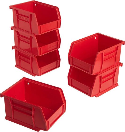 Akro-Mils 30210 AkroBins Plastic Storage Bins, Space-Saving Stackable Bins for Garage, Pantry, Craft Organization, 5-Inch x 4-Inch x 3-Inch, Red, 6-Pack