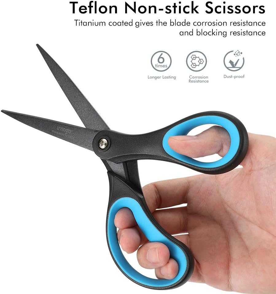 LIVINGO 2 Pack 8" Titanium Non-Stick Scissors, Professional Stainless Steel Comfort Grip, All-Purpose, Straight Office Craft Scissors for DIY(Blue/Black)