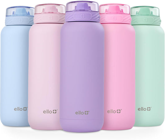 Ello Cooper 32oz Stainless Steel Water Bottle with Straw and Carry Handle, Double Walled and Vacuum Insulated Metal, Leak Proof Locking Lid with Soft Silicone Spout, Reusable, BPA Free, Lilac