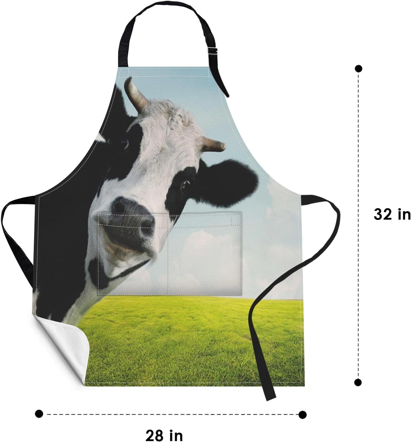 Britimes Apron Home Kitchen Waterproof Cooking Baking Gardening for Women Men With Pockets Funny Cow On Green Grassland 32x28 inch