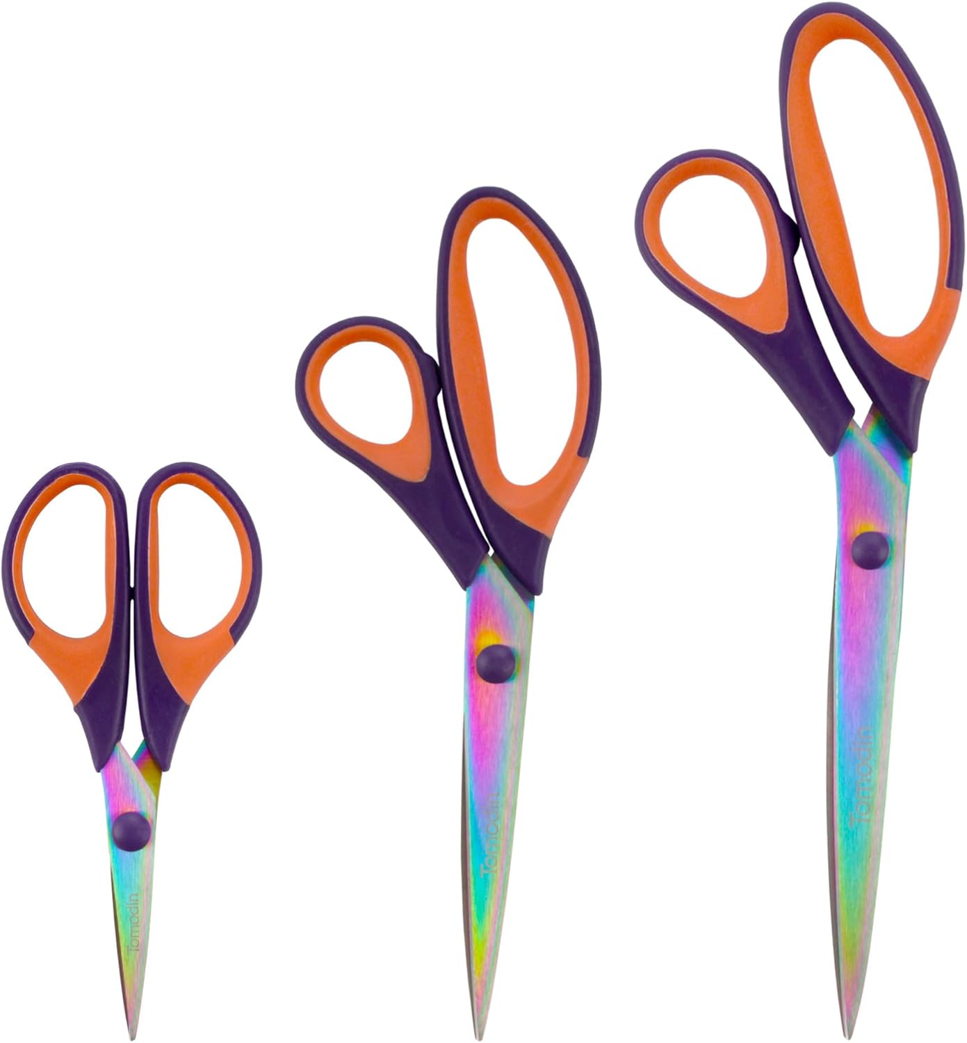 BambooMN Titanium Softgrip Scissors Set for Sewing, Arts, Crafts, Office - Purple w/Orange - 1 Set of 3