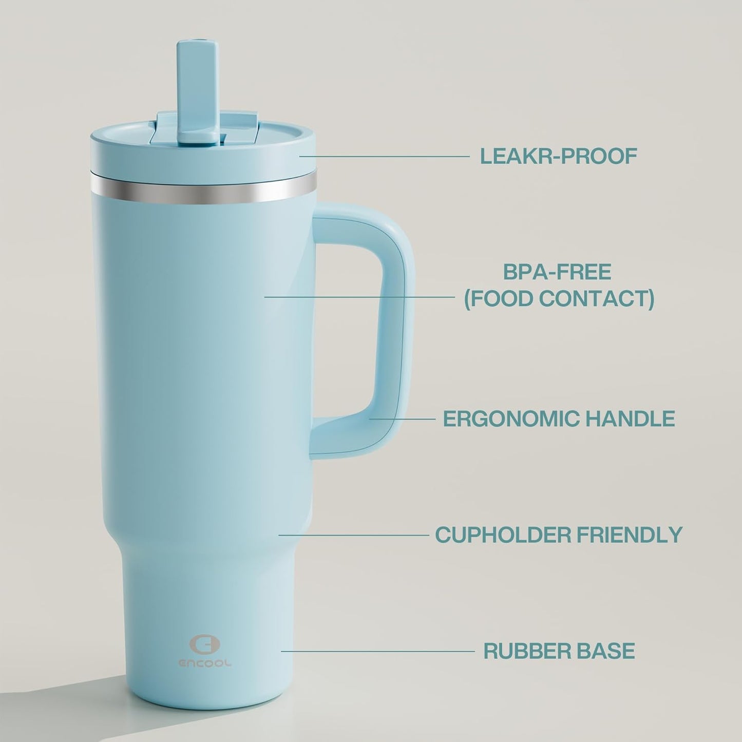 ENCOOL 40 oz Tumbler with Handle and Straw: Stainless Steel Insulated Tumbler Keeps Cold for 24 Hours, Leakproof Travel Cup Fits in Cup Holder and BPA-Free,Pewter Blue