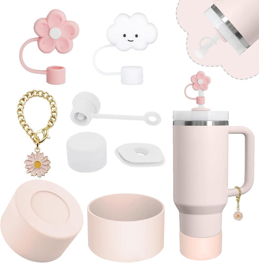 Stanley Cup Accessories Set,Including 2 Pcs 0.4in Straw Cover, 1 Silicone Spill-Proof Stopper Set of 3, 1 Cute Butterfly Handle Charm, 1 Silicone Boot Fits Stanley 40&30 Oz Tumbler (Rose Quartz)