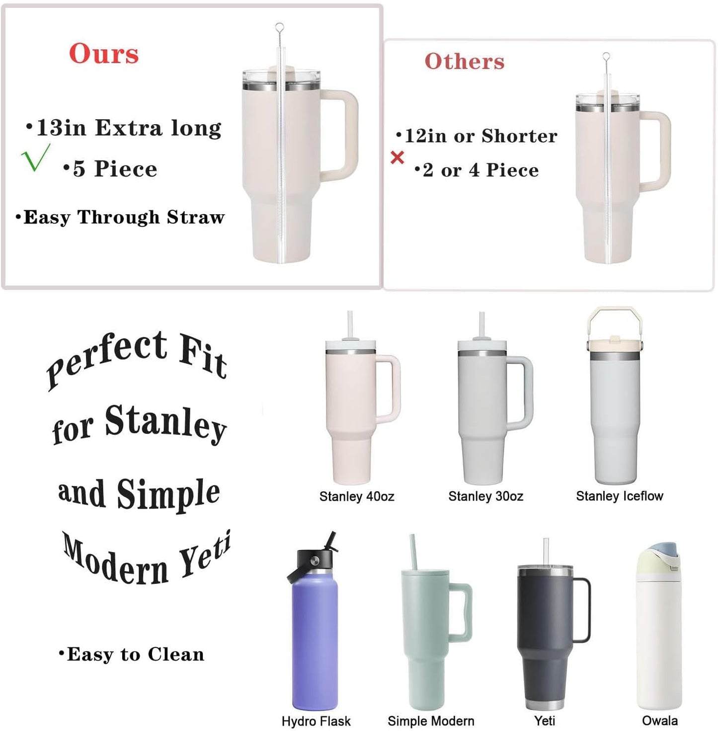 Straw Cleaner Brush Extra Long 13 inch for Stanley Yeti Tumbler Cup Straw Cleaner Brush Kit and 3 in 1 Cup Lid Cleaning Brush Multifunctional Water Bottle Brushes for Cleaning