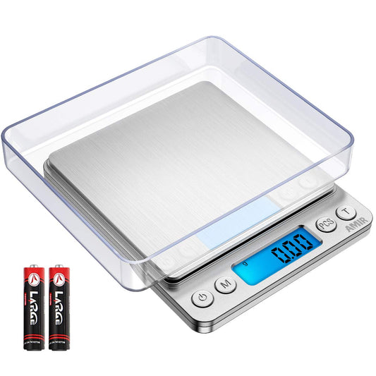 (Upgraded) AMIR Digital Kitchen Scale, 500g Mini Pocket Jewelry Scale, Food Scale, Coffee Scale, Back-Lit LCD Display, 2 Trays, 6 Units, Auto Off, Tare, PCS, Stainless Steel (Batteries Included)