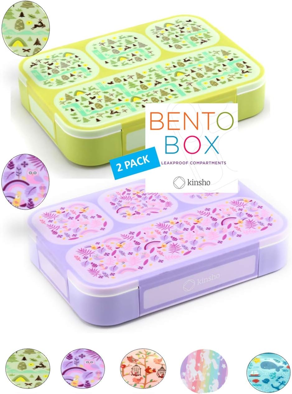 kinsho Bento-Box Lunch-Box for Kids Toddlers, Lunch and Snack Containers for Daycare, School, Boys & Girls, BPA-Free, Utensils Included (Chartreuse Forest + Purple Rainbow, 2 Pack)