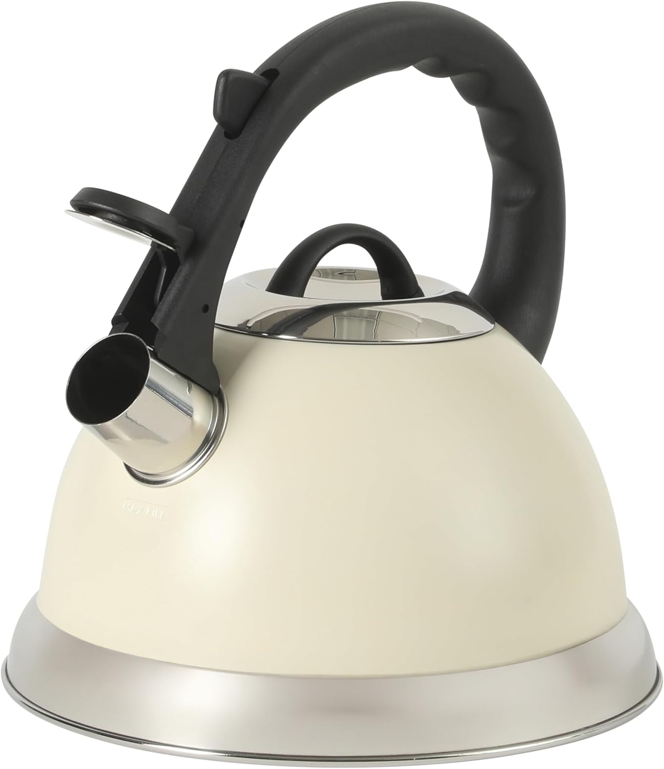 Mr. Coffee Clarefield 2.4 Qt Whistling Tea Kettle – Linen White Stovetop Water Kettle with Lid, Heat-Resistant Nylon Handle and Knob, Stainless Steel Trim