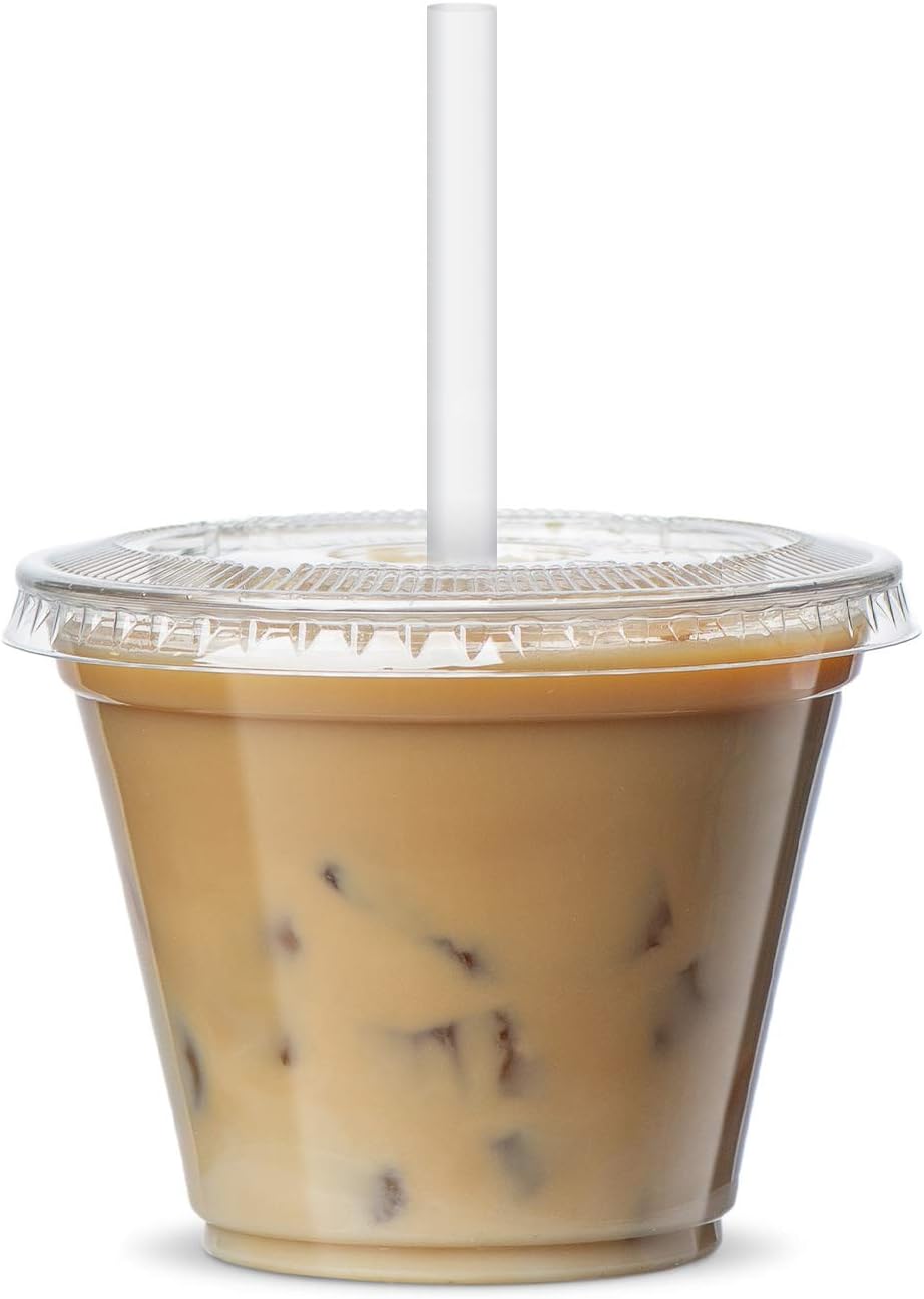 GUSTO Clear Plastic Cups with Flat Lids [9 oz - 100 Count] - Disposable Iced Coffee Cups with Lids - PET Plastic Cold Cups for Smoothies, Juices & To-Go Drinks - Formerly Comfy Package