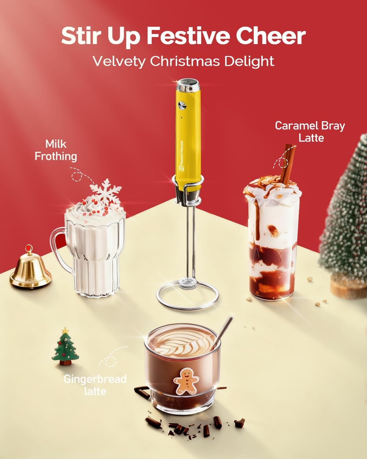 Maestri House Rechargeable Milk Frother with Stand, Handheld Electric Foam Maker Waterproof Detachable Stainless Steel Whisk Drink Mixer Foamer for Lattes, Cappuccino (Warm Yellow (Gift Box))